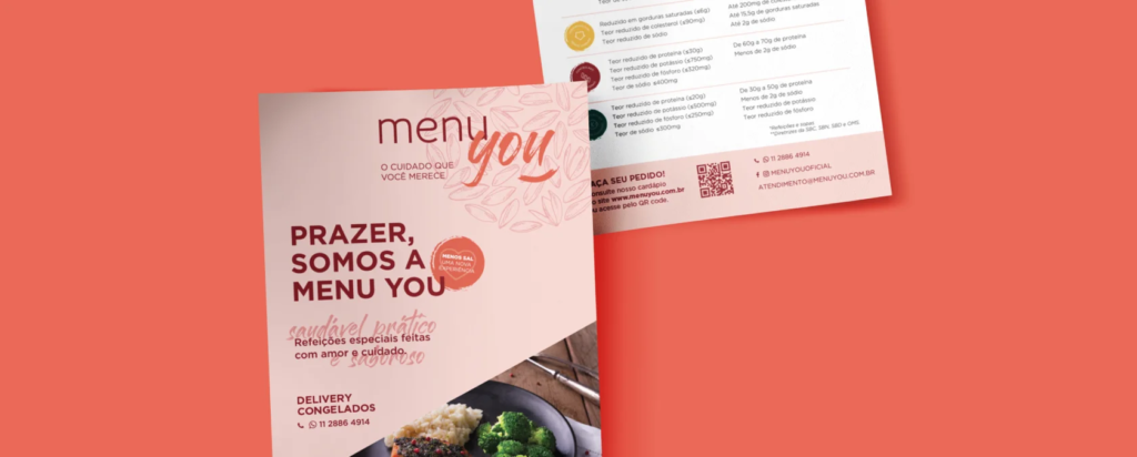 flyer impresso exibindo uma variedade de opções gastronômicas em um design atrativo e bem estruturado.