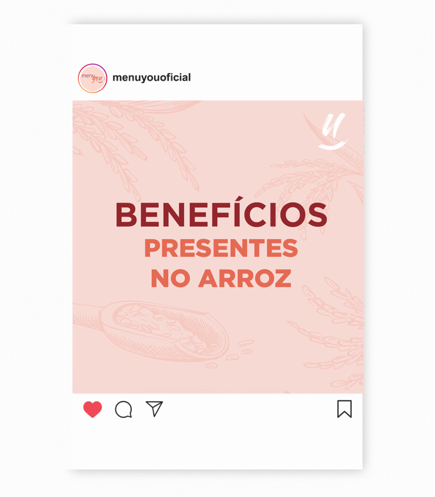 carossel de um dos post da Menu You, apresentando os principais benefícios do arroz, incluindo suas propriedades energéticas e nutrientes importantes.