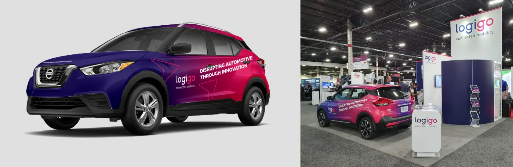 Exibição de um carro envelopado nas cores roxo e magenta exposto no estande de marca