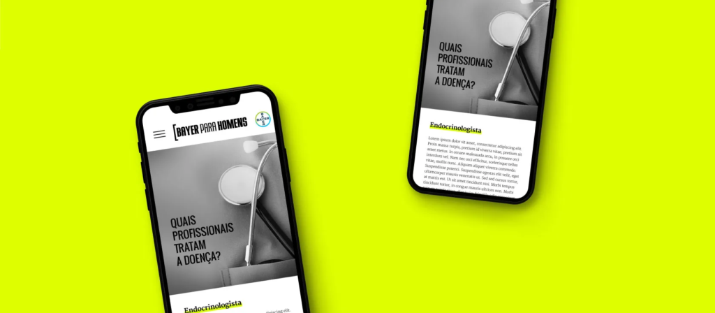 mockup mobile do site com o banner apresentando a frase "QUAIS PROFISSIONAIS TRATAM A DOENÇA?"